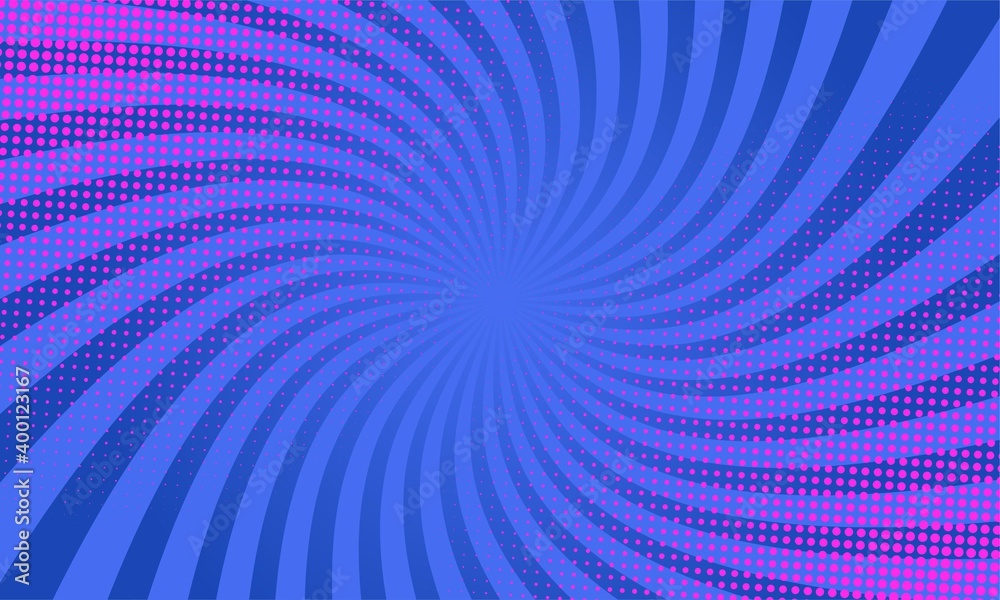 Swirling burst blue comic background with pink halftone dots