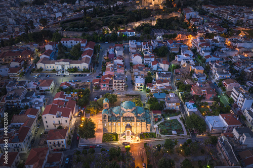 Aerial drone photo of night city Patras, Achaia, Peloponnese, Greece