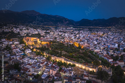Aerial drone photo of night city Patras, Achaia, Peloponnese, Greece photo