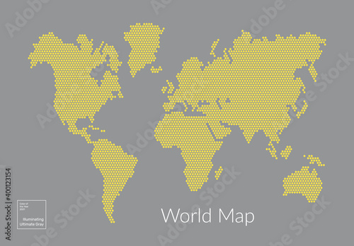 World information security concept. An abstract map of the world made up of hexagons. In the color of the year 2021. Ultimate Gray and Illuminating Yellow.
