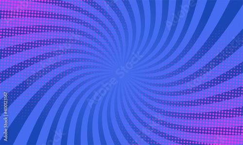 Swirling burst blue comic background with pink halftone dots