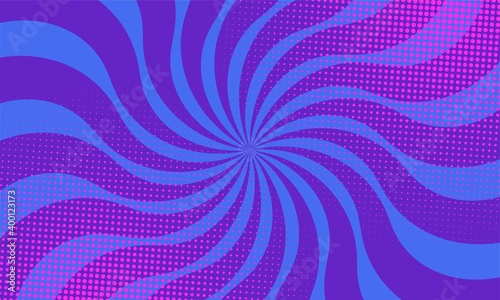 Swirling burst blue comic background with pink halftone dots
