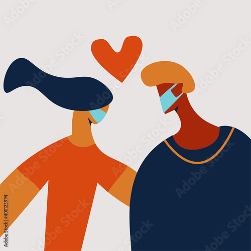 Mixed race couple with medical face masks in cartoon hand drawing style. love in quarantine 