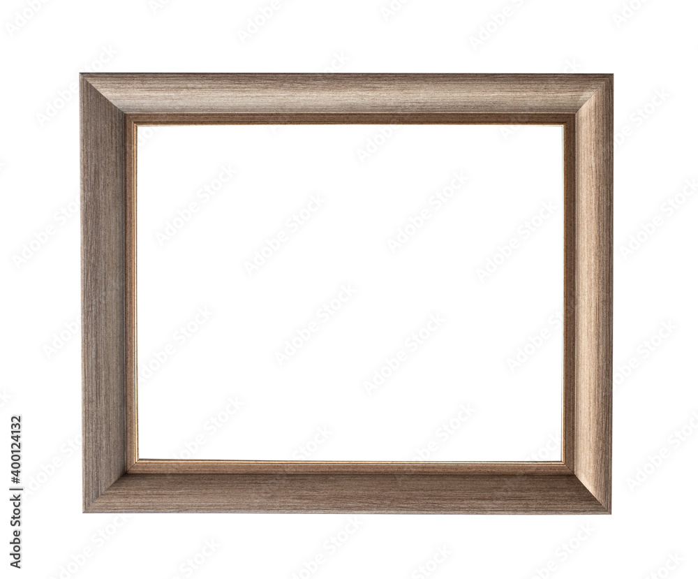Thick wooden light bronze or gold aged frame with shabby color for photos, text, images or paintings, isolated on a white background