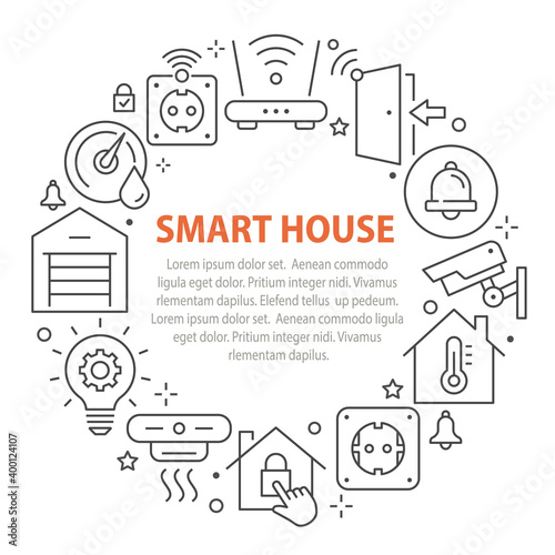 Smart home circle template icons. Set of automation system, security, surveillance and more. Vector illustration.