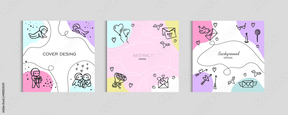 Collection of Romantic cute illustrations background for social media promotional content. Mobile App, Landing page,Web design in hand drawn style. Minimalist objects made in the style of one line