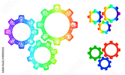 Spectral colorful net mesh gear box, and solid spectral gradient gear box icon. Hatched carcass 2D net abstract symbol based on gear box icon, is created with crossing lines.