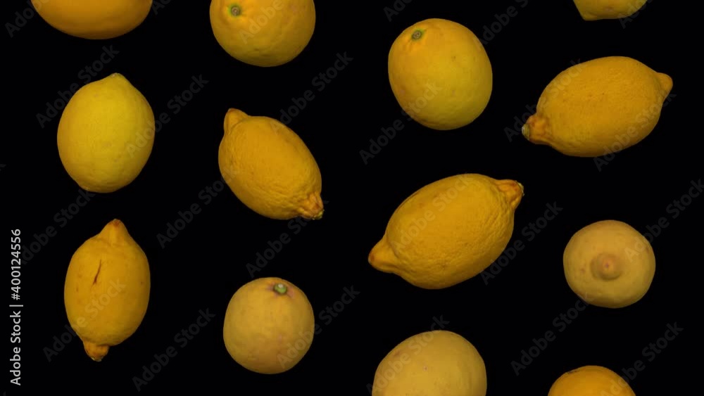 Realistic render of falling lemons on transparent background (with alpha channel). The video is seamlessly looping, and the objects are 3D scanned from real lemons.
