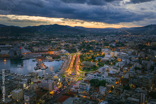 Aerial panoramic view of Volos city at twilight. Magnesia - Greece.