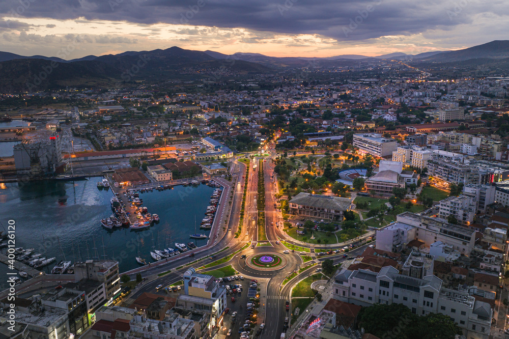 Aerial panoramic view of Volos city at twilight. Magnesia - Greece.