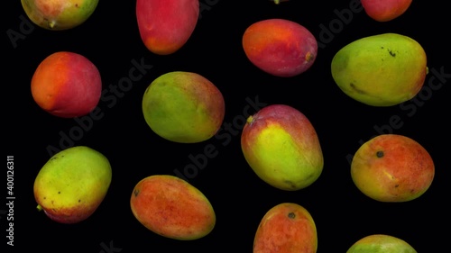 Realistic render of falling sindhoora mangoes on transparent background (with alpha channel). The video is seamlessly looping, and the objects are 3D scanned from real mangoes.
 photo