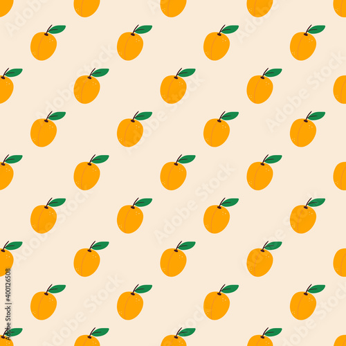 Cute little apricots with leaves vector seamless pattern background.