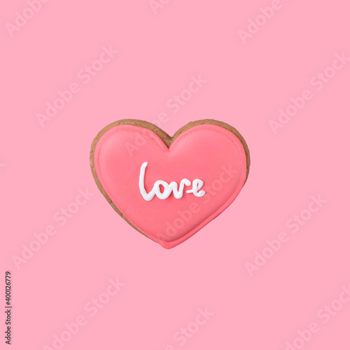 sweet cookies heart on pink background. Valentine's day, 14 february concept. candy heart, symbol of love. 
