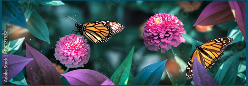 Photo Lovely monarch butterflies on pink flowers in a fairy garden