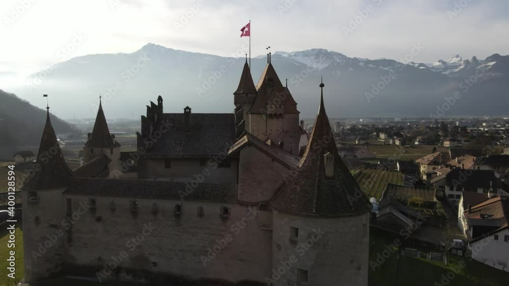 Flying drone above the beautiful castle of Aigle, Switzerland. Flying drone above the beautiful castle of Aigle, Switzerland.