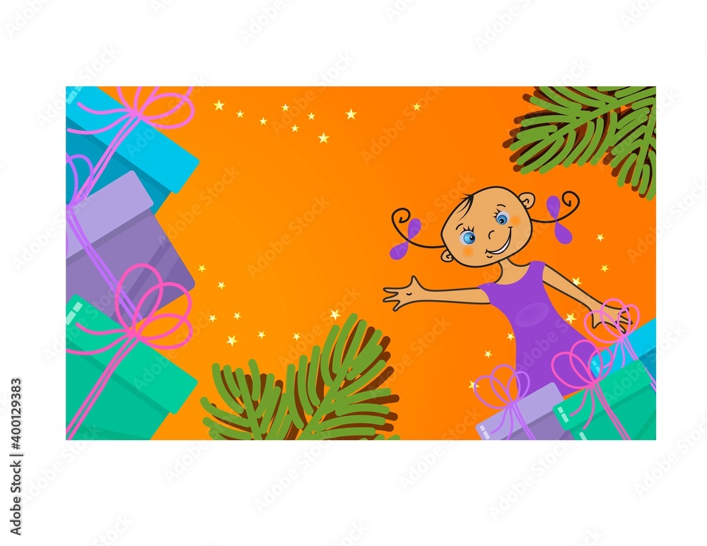 Naklejka premium Cute happy little girl with gifts. Emotion kids. Decorative vector illustration with orange background with space for text.