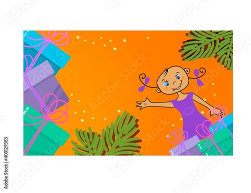 Cute happy little girl with gifts. Emotion kids. Decorative vector illustration with orange background with space for text.