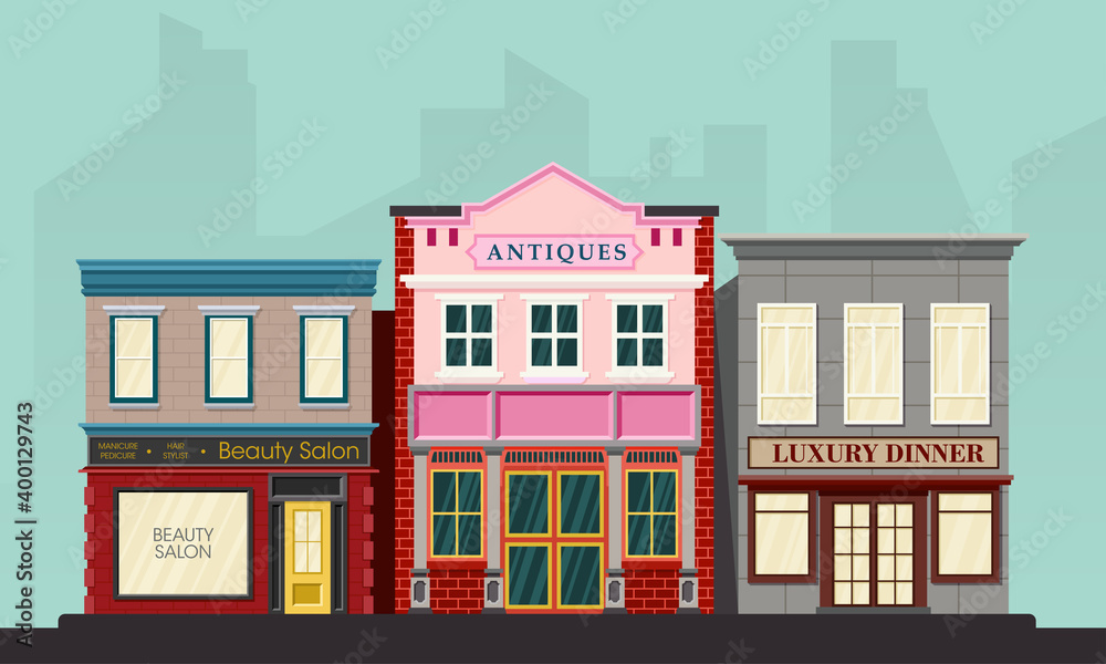 Vector illustration of a front view of a large city roadside shopping complex. Suitable for design elements from shopping promotions. Beauty salon front building, restaurant and antique storefront.