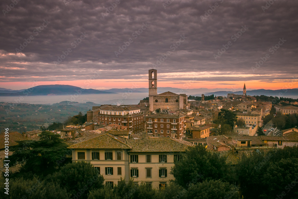 Panoramic view of Perugia city at sunset on winter day, Umbria