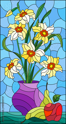 Illustration in stained glass style with floral still life, vase with a bouquet of daffodils and fruit on a blue background