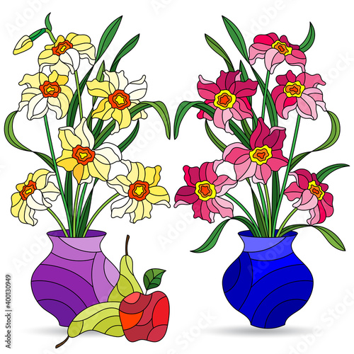 Set of illustrations in stained glass style with bouquets of daffodils flowers in vases and fruits, isolated on a white background
