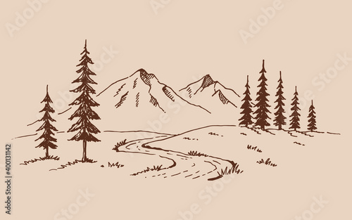 Mountain with pine trees and landscape black on white background. Hand drawn rocky peaks in sketch style. Vector illustration.