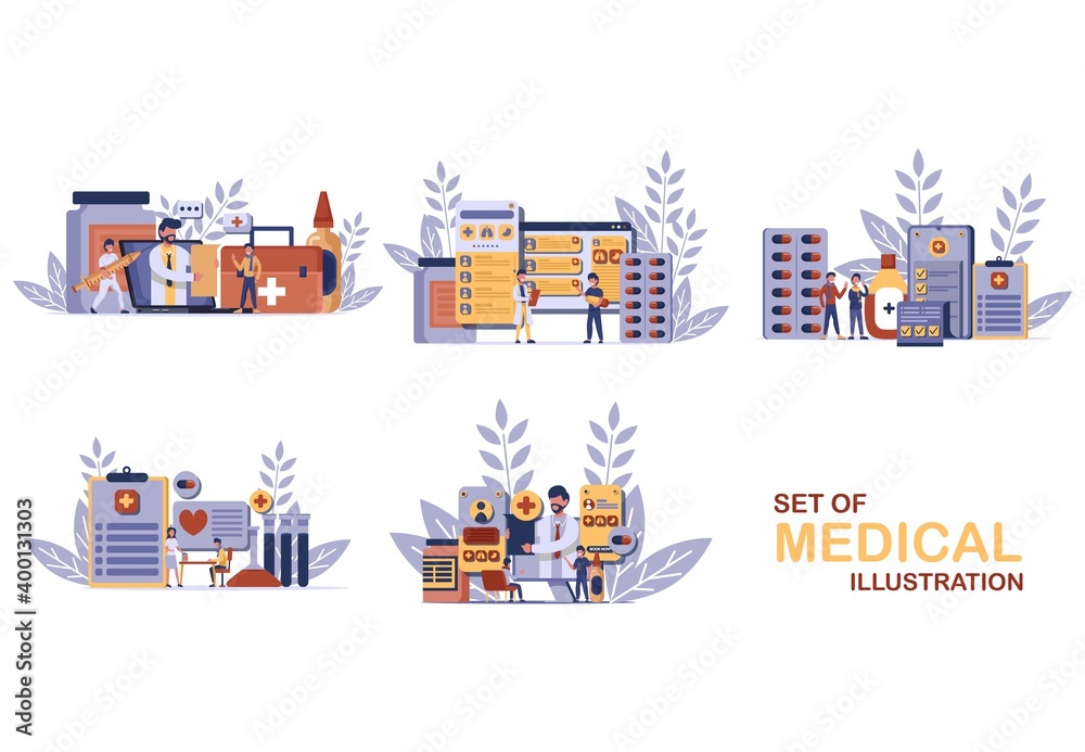 Set of medical treatment for patients. Tiny people illustration. Vector illustration Set of medical treatment for patients. Tiny people illustration. Vector illustration