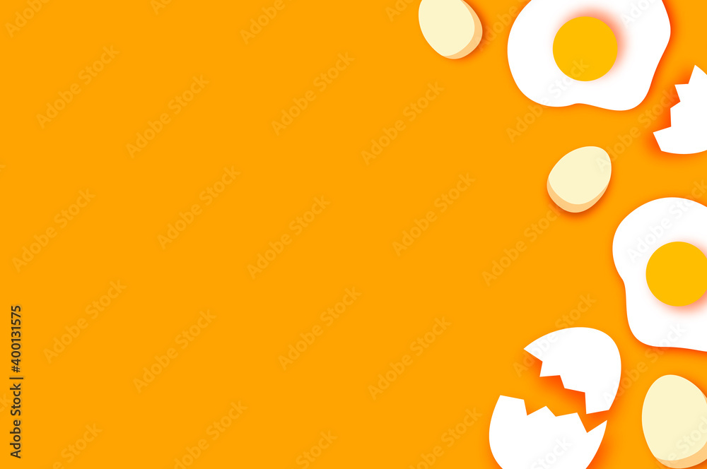 Eggs in shell, fried, half. Broken egg. Farm products. Fast food. Natural product. Omelet papercut style. Orange background. Eggs in shell, fried, half. Broken egg. Farm products. Fast food. Natural product. Omelet papercut style. Orange background.