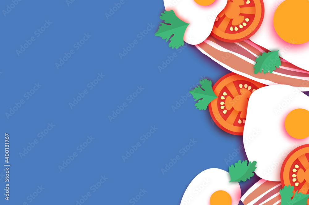 Obraz premium Bacon and Eggs, Tomato. Omelet papercut style. Farm products. Fast food. Natural product. Food ingredients. Slices of crisp bacon. Ham. Blue. Super breakfast.