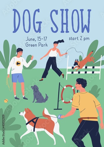 Vertical poster for breed show vector flat illustration. Advertising for dog or cynologist championship event. Pet owners performing tricks with their pers. Promo template with place for text