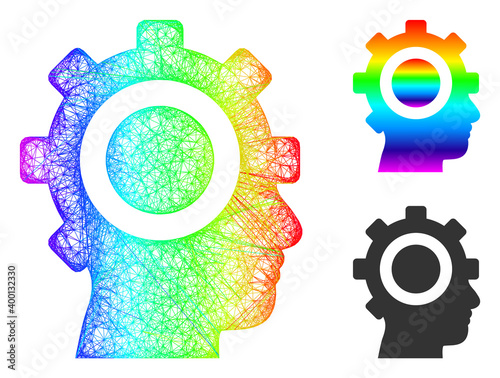 Rainbow colored network cyborg gear, and solid rainbow gradient cyborg gear icon. Crossed carcass flat network abstract symbol based on cyborg gear icon, is generated with intersected lines.