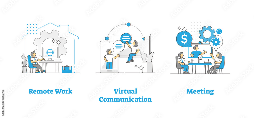 Remote work, virtual communication and online zoom call meeting outline spot illustrations set
