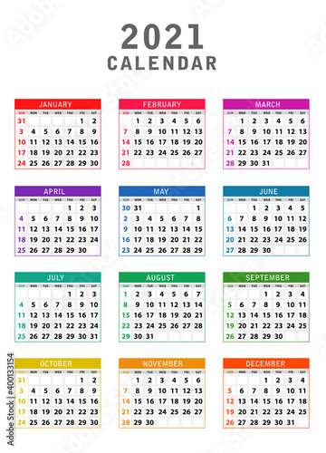 2021 Calendar, Colorful Calendar 2021 year set, Week Starts Sunday. Colorful year 2021 calendar isolated on white background. Week starts Sunday. Vector template