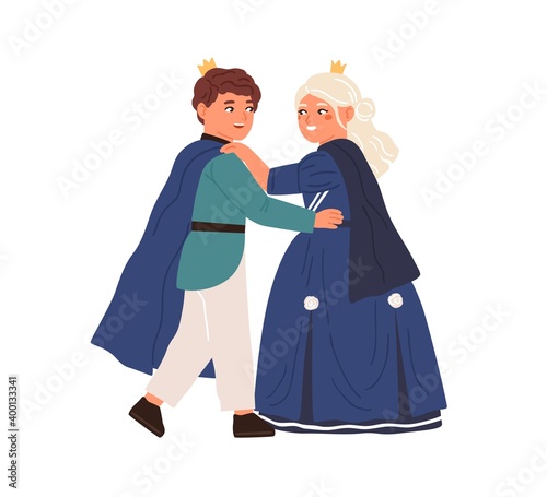 Cute little prince and princess dancing at royal ball vector flat illustratio...