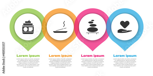 Set Cream or lotion cosmetic tube, Scented spa stick, Stack hot stones and Heart on hand. Business infographic template. Vector.