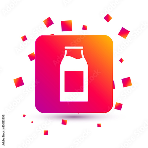 White Closed glass bottle with milk icon isolated on white background. Square color button. Vector Illustration.