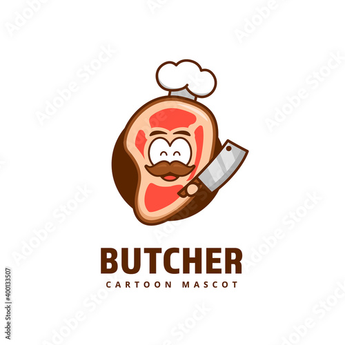 Cute meat butcher meat kitchen chef logo icon mascot character vector