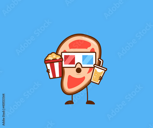 Cute meat people movie goers watching movies in cinema movie theater with snack and drink cartoon character mascot illustration