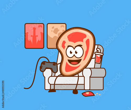 Cute meat people playing video games on couch sofa while enjoying snack vector character cartoon mascot doing hobby concept illustration