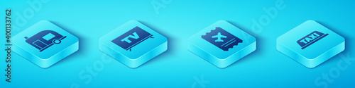 Set Isometric Rv Camping trailer, Smart Tv, Taxi car roof and Airline ticket icon. Vector.