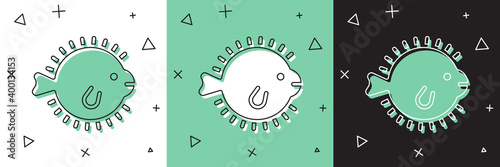 Set Puffer fish icon isolated on white and green, black background. Fugu fish japanese puffer fish. Vector.