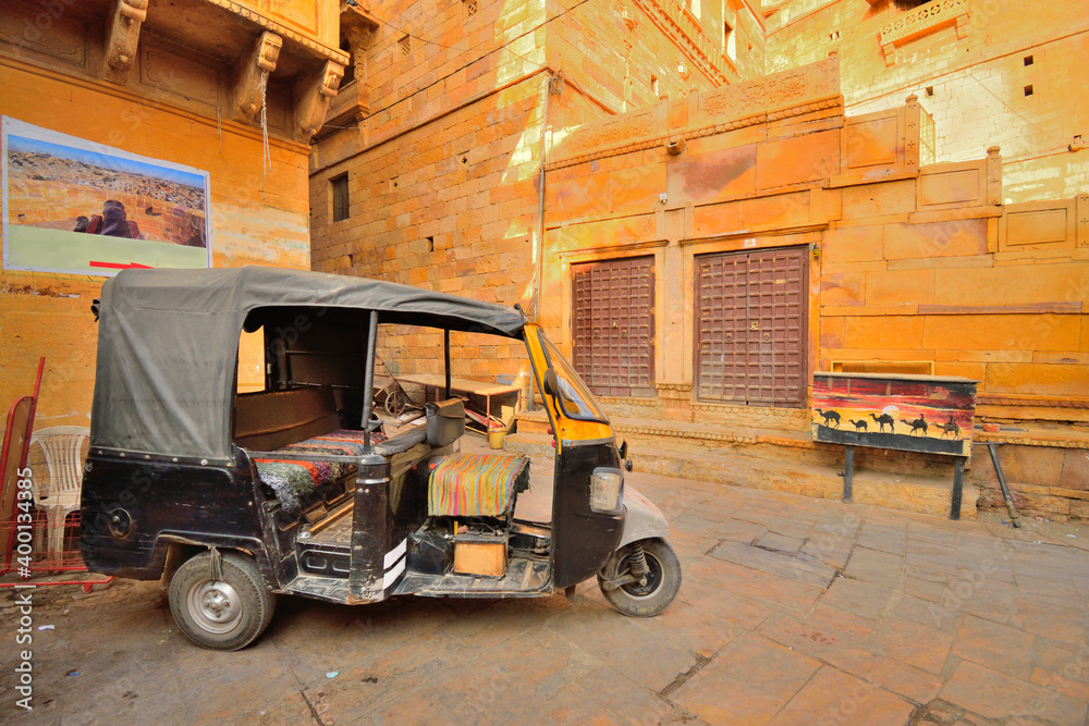 Auto rickshaw parked in Jaisalmer fort.