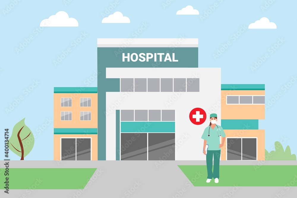 The hospital building is professional medical center. Modern Hospital  hospital  doctor on Clinic Backdrop. Vector Flat Cartoon  Illustration Stock Vector | Adobe Stock
