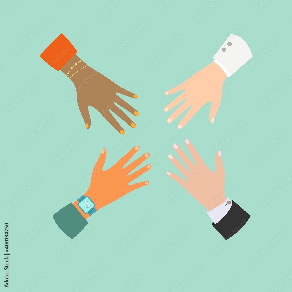 Fototapeta premium Hands of diverse group of woman putting together.Concept of community, support, social movement, friendship .Vector illustration