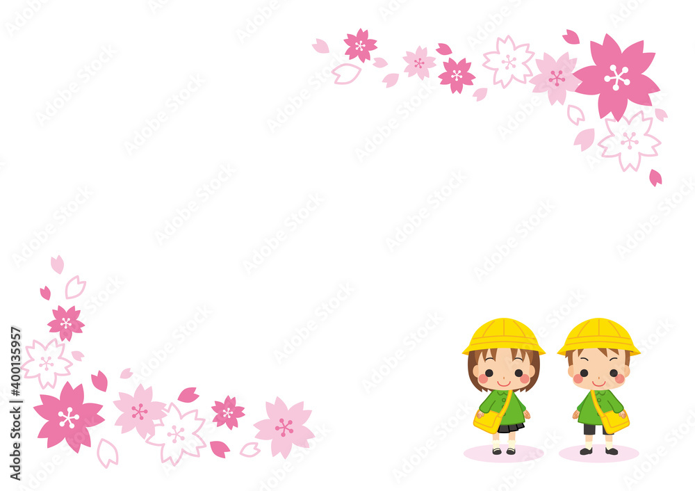幼稚園に入園する可愛い女の子と男の子のイラスト 仲良しキッズペア 桜フレーム Stock Vector Adobe Stock