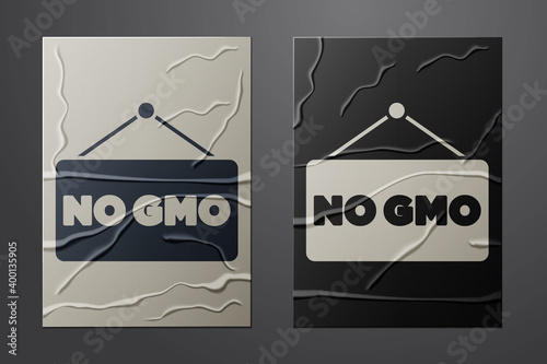 White No GMO icon isolated on crumpled paper background. Genetically modified organism acronym. Dna food modification. Paper art style. Vector.