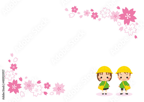 幼稚園に入園する可愛い女の子と男の子のイラスト 仲良しキッズペア 桜フレーム