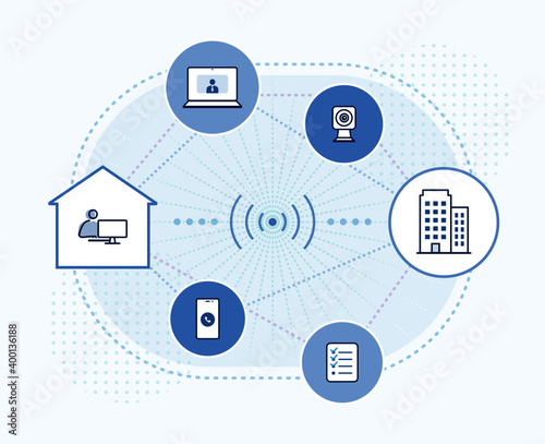 Work from home illustration: telecommuting, remote work, stay at home infographic. editable line icons .