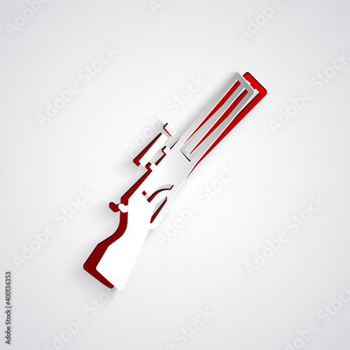 Paper cut Hunting gun icon isolated on grey background. Hunting shotgun. Paper art style. Vector.