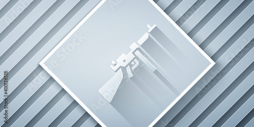 Paper cut Thompson tommy submachine gun icon isolated on grey background. American submachine gun. Paper art style. Vector.